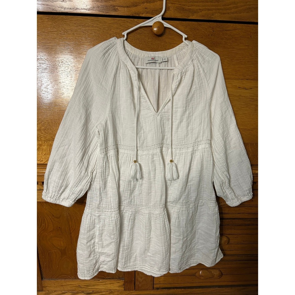 Vineyard Vines White Cotton Gauze Tiered Tassel Mini‎ Dress Tunic Womens XS